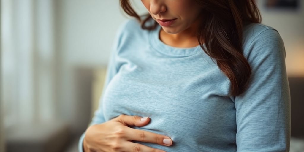 Frau mit Sorgen im Gesicht, hält ihren Bauch.